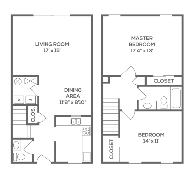 Floor plan for 2 beds, 1.5 baths, 1150 sqft